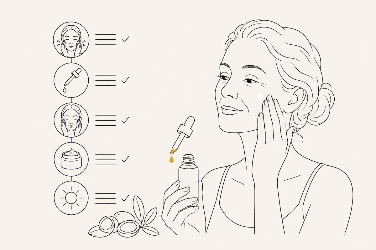 Professional header image for step-by-step guide: Arganolie op je gezicht na je 40ste: stappenplan en dosee...